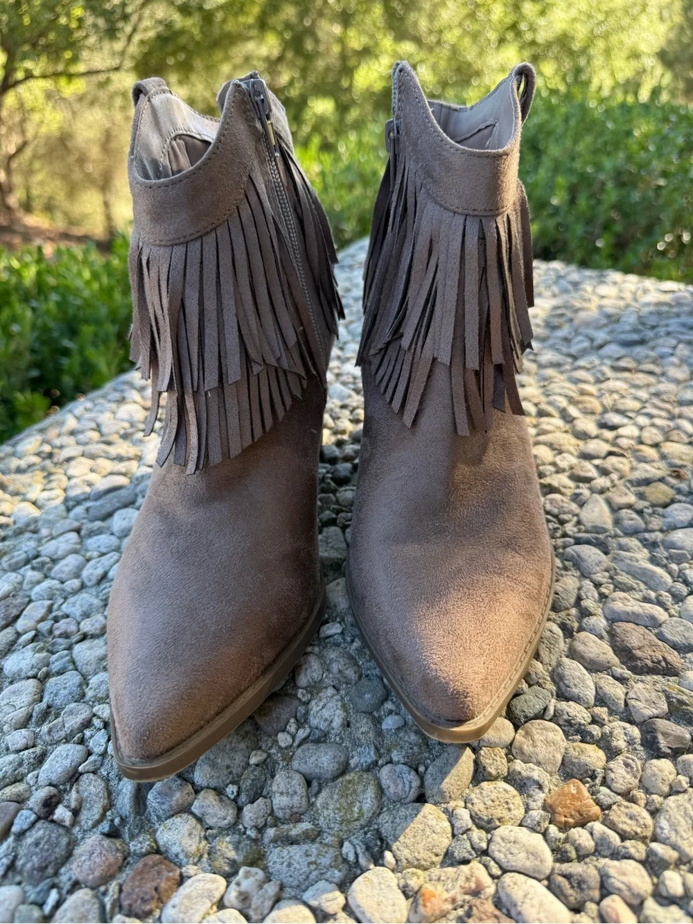 Frye Taupe Suede Fringe Ankle Boots